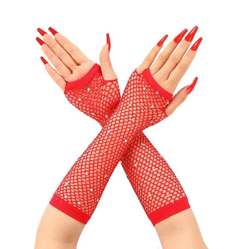 Nylon Elastane Rhinestone Fishnet Fingerless Gloves
