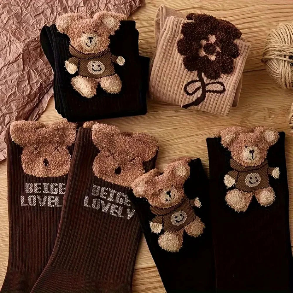 Polyester Elastane Cartoon Bear Pattern Mid Tube Socks 3 Pairs