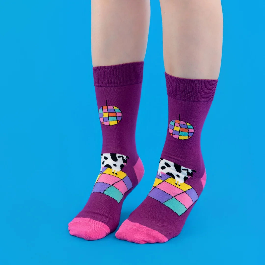 Cotton Blend Disco Cow Pattern Crew Socks - 6