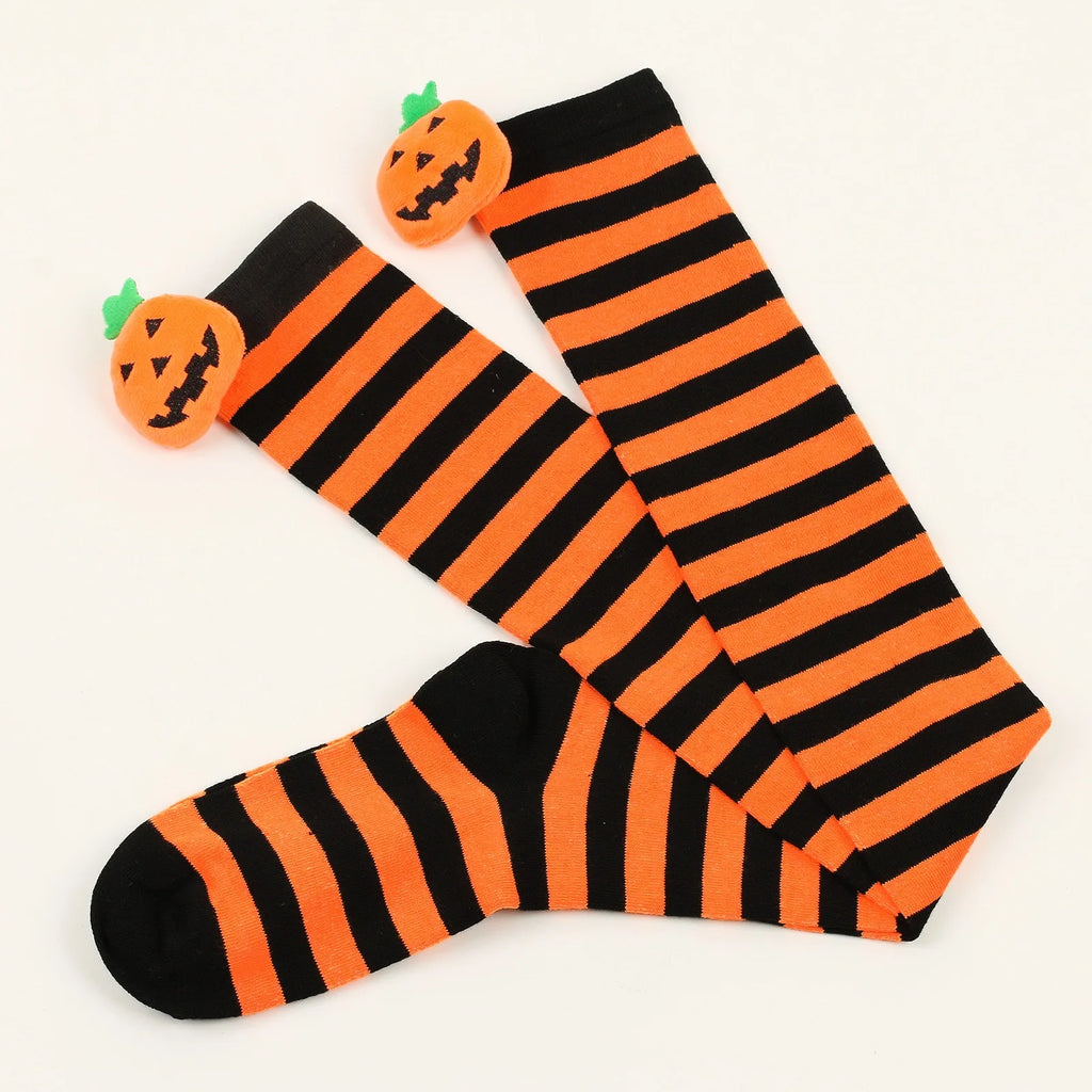 Polyester Striped Pumpkin Over The Knee Socks