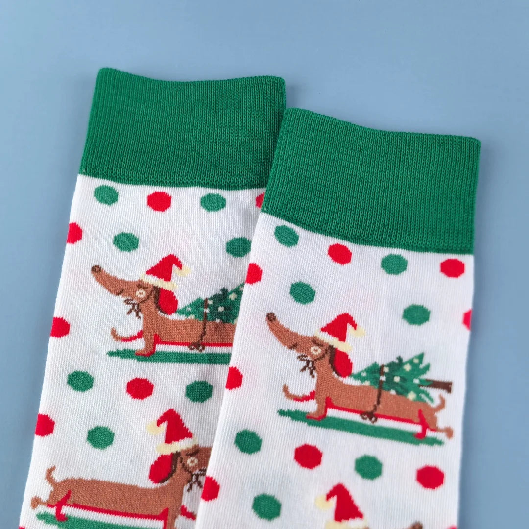 Cotton Blend Dachshund Christmas Pattern Mid Calf Socks - 5