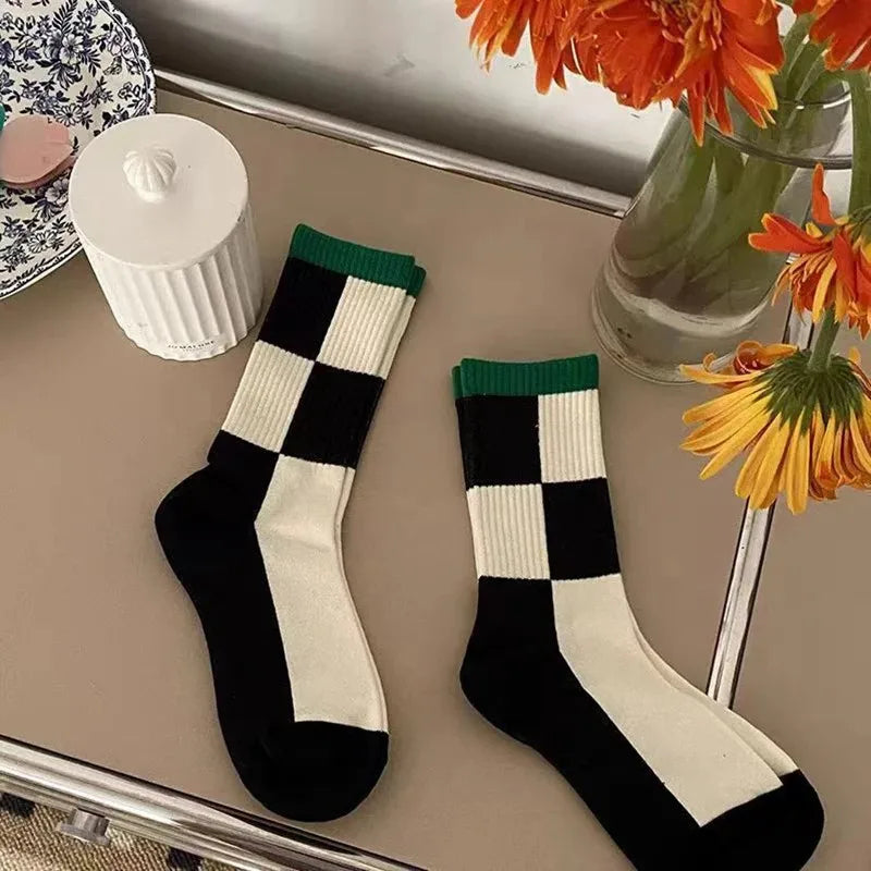 Polyester Elastane Checkerboard Print Casual Middle Tube Socks - 2