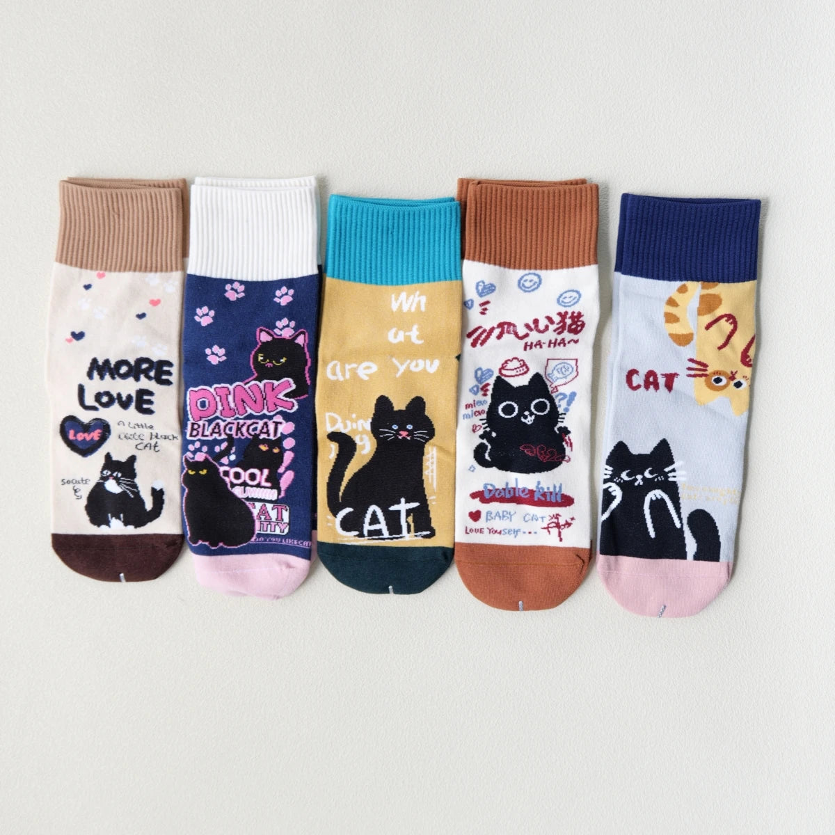 Polyester Elastane Crew Socks Cartoon Cat Pattern 5 Pairs - 8