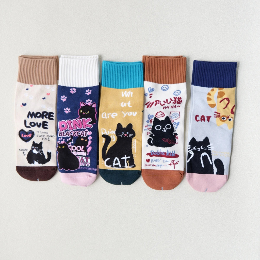 Polyester Elastane Crew Socks Cartoon Cat Pattern 5 Pairs