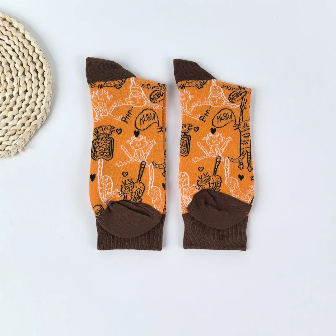 Cotton Blend Cat Print Mid Calf Unisex Socks