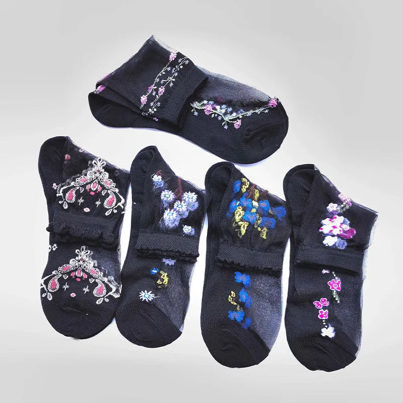Floral Print Mid Tube Polyester Blend Socks - 3