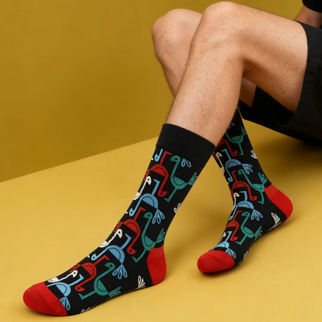 Cotton Blend Flamingo Print Mid Calf Socks