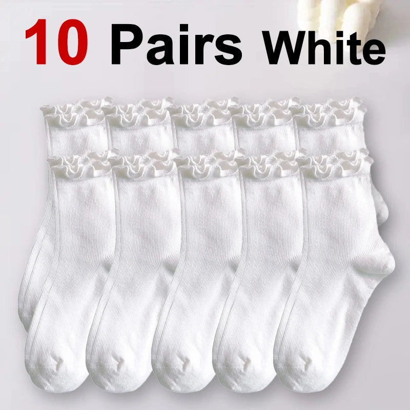 Polyester Elastane Ruffle Trim Mid Tube Socks for Women - 15