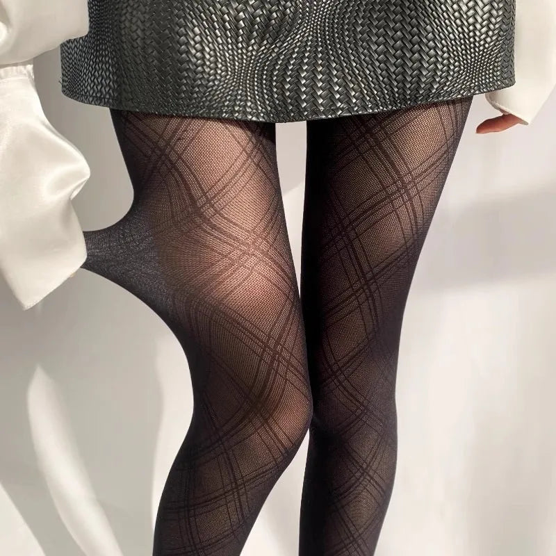 Black Plaid Pattern Polyester Elastane Womens Tights