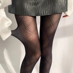 Black Plaid Pattern Polyester Elastane Womens Tights