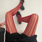 Red Nylon Striped Fishnet Tights for Women