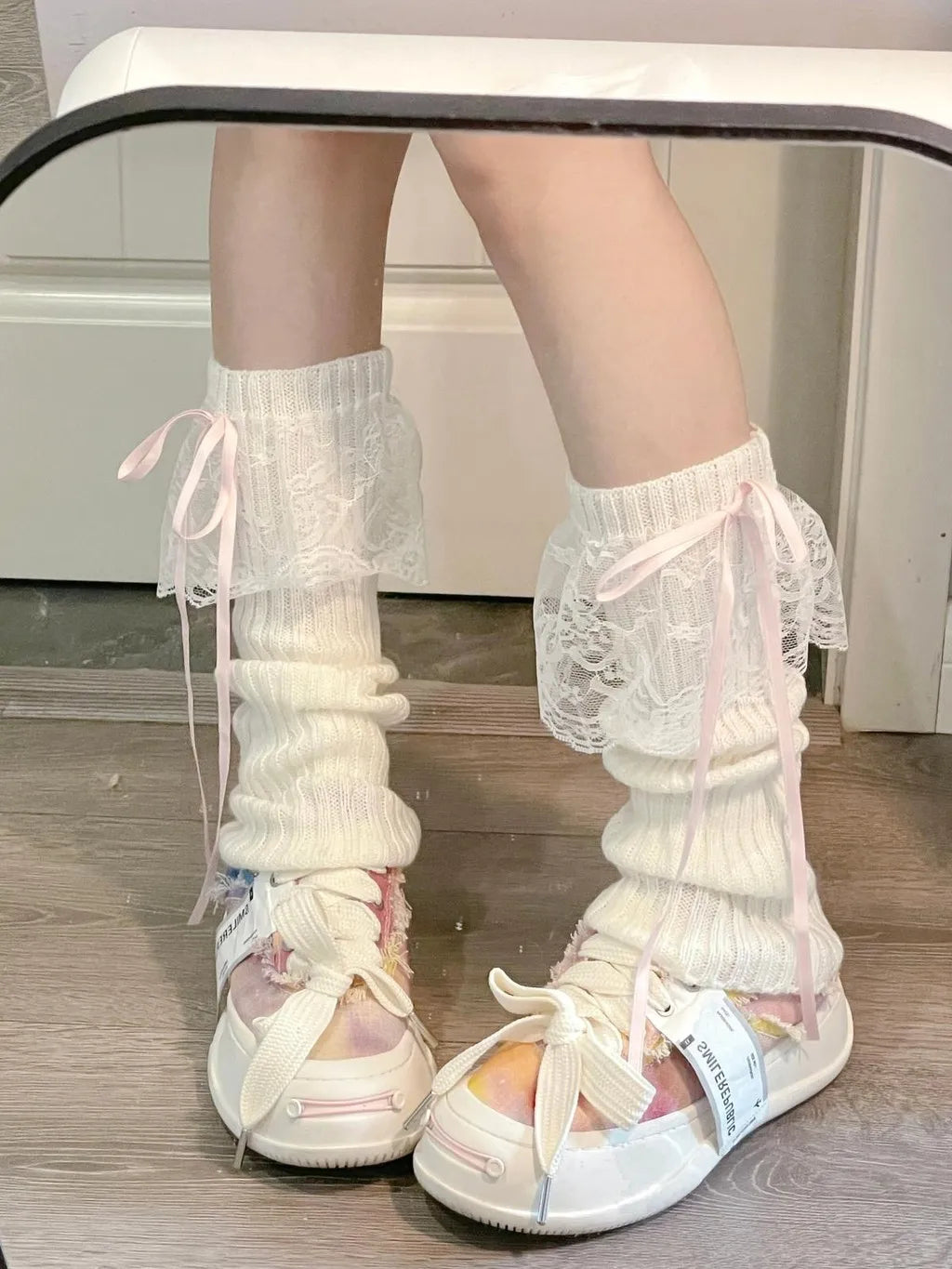 Acrylic Knitted Lace Bow Leg Warmers - 8