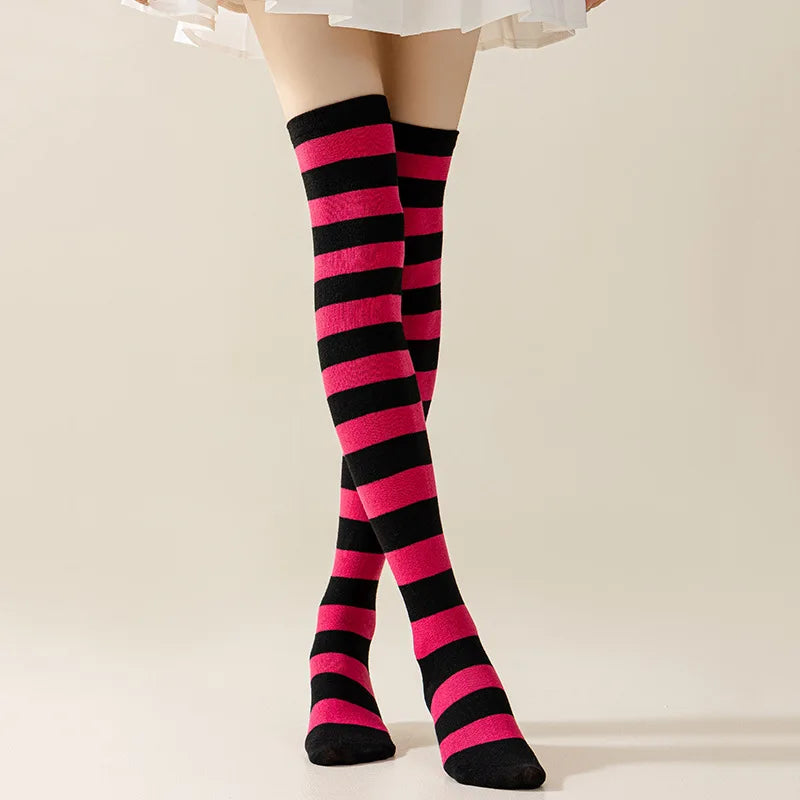 Striped Nylon Polyester Over Knee High Stockings