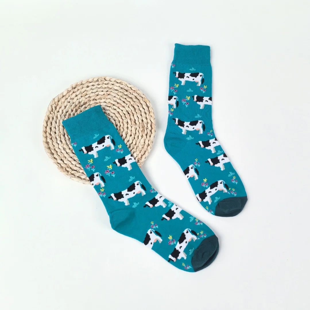 Cotton Blend Cartoon Cow Pattern Mid Calf Socks - 5