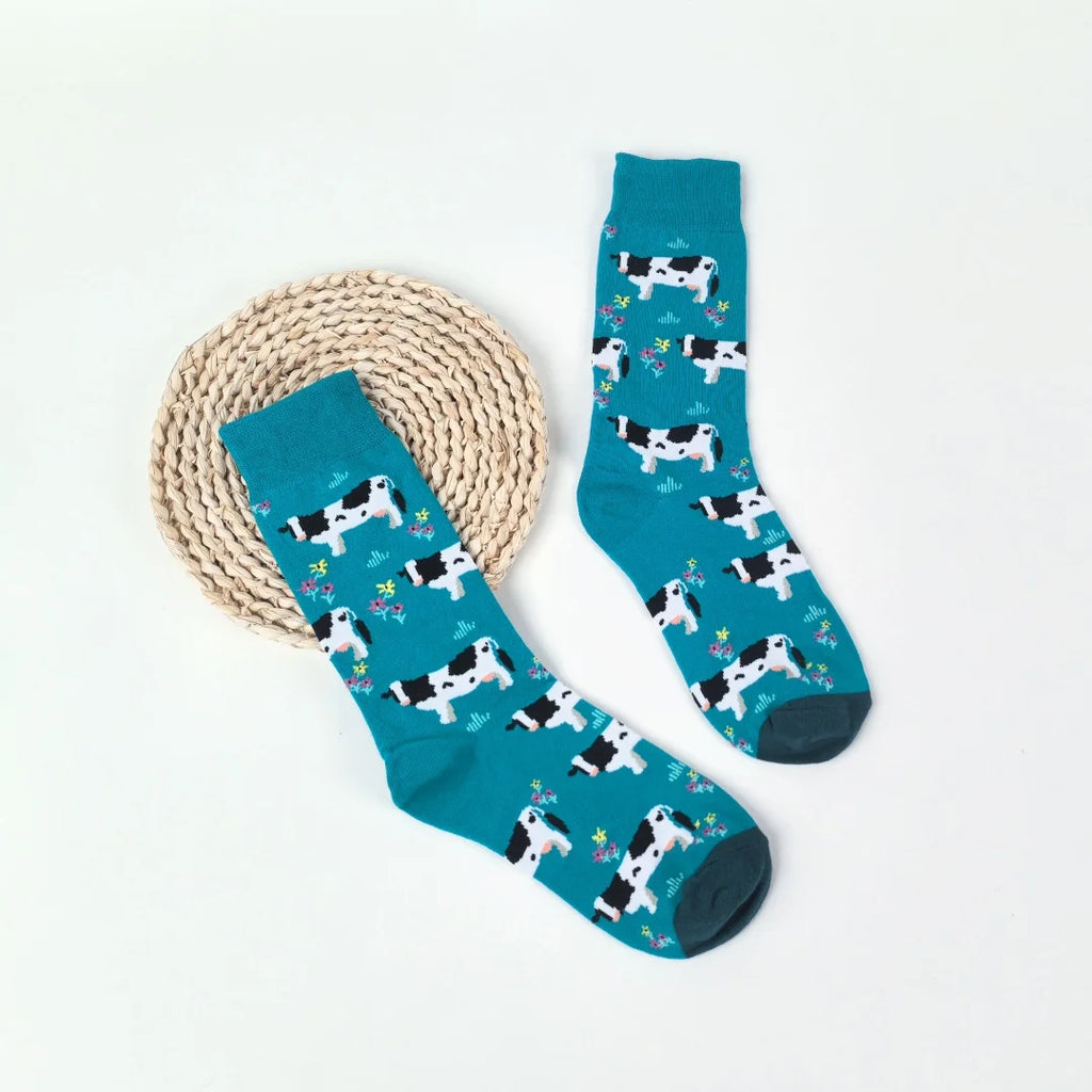 Cotton Blend Cartoon Cow Pattern Mid Calf Socks