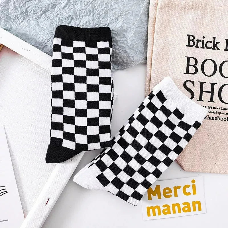 Polyester Blend Checkerboard Pattern Socks 2 Pair Set