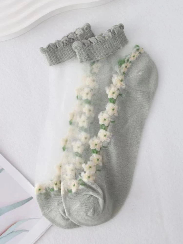 Floral Print Polyester Elastane Low Tube Casual Socks 7 Pairs