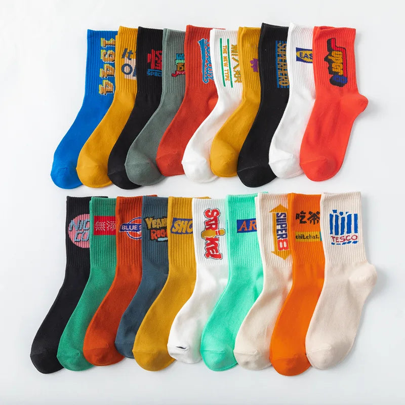 Cotton Blend Letter Printed Mid Tube Casual Crew Socks