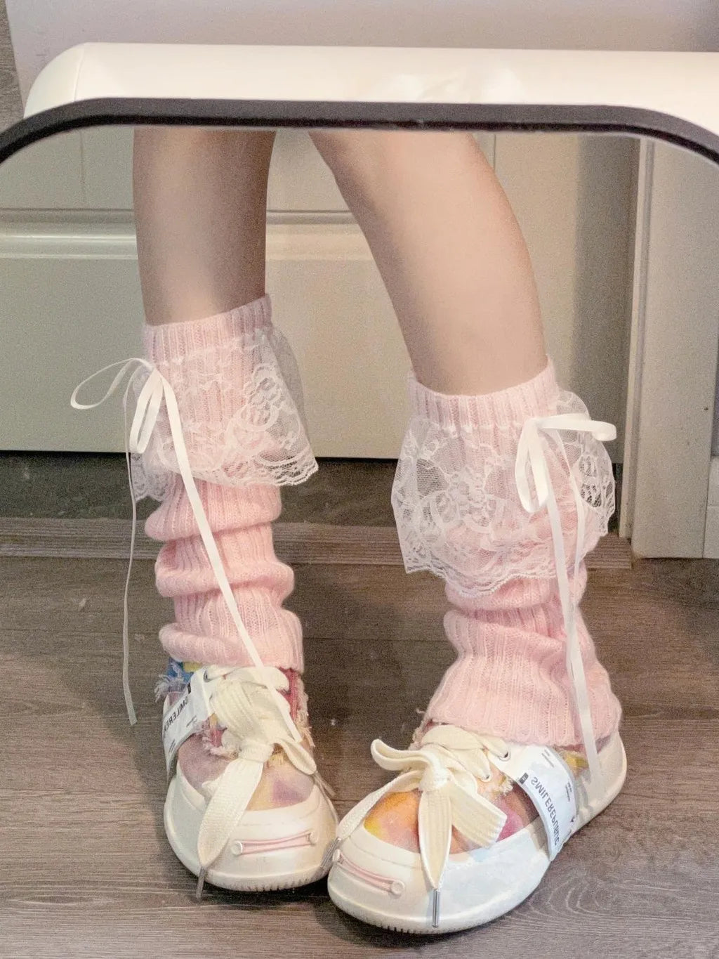 Acrylic Knitted Lace Bow Leg Warmers