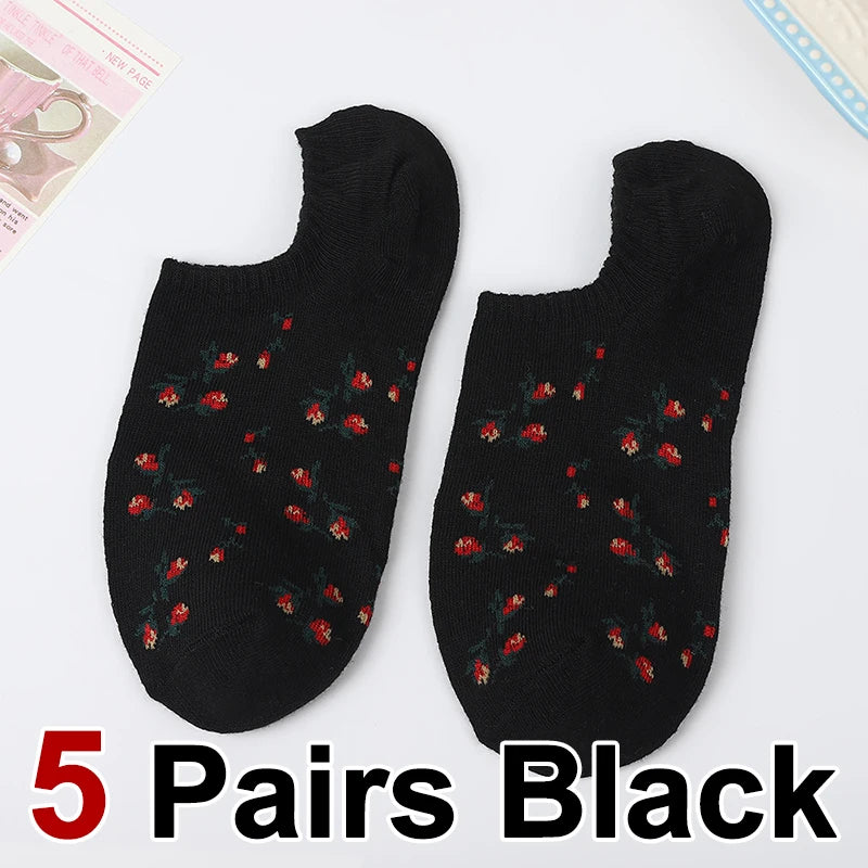 5 Pairs Polyester Elastane Floral Low Cut Boat Socks - 18