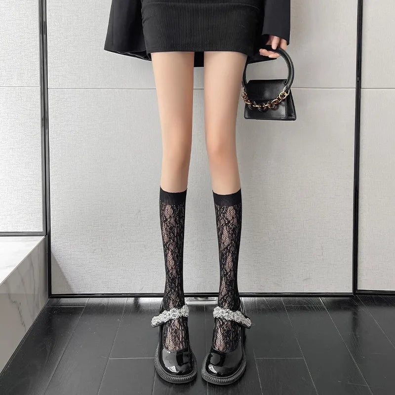 Floral Lace Calf Socks Women Nylon Knit Hosiery - 21