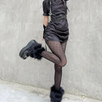Black Plaid Pattern Polyester Elastane Womens Tights