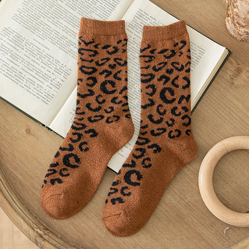 Leopard Print Wool Mid Calf Socks - 15