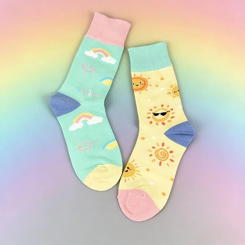 Cotton Blend Rainbow Sunflower Women Casual Crew Socks