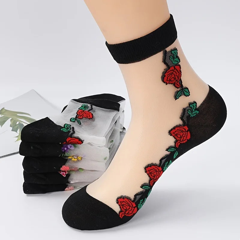 Floral Print Mid Tube Polyester Blend Socks - 11