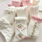 Ruffled Floral Mid Tube Polyester Women Socks 5 Pairs