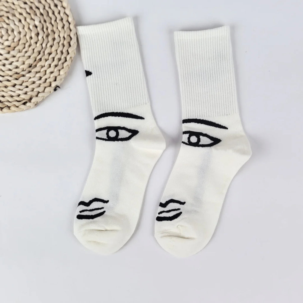 Cotton Blend Abstract Line Art Casual Crew Socks