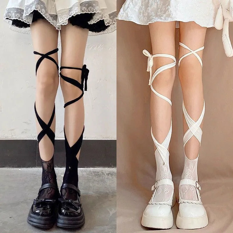Floral Lace Mesh Stockings With Ribbon Ties