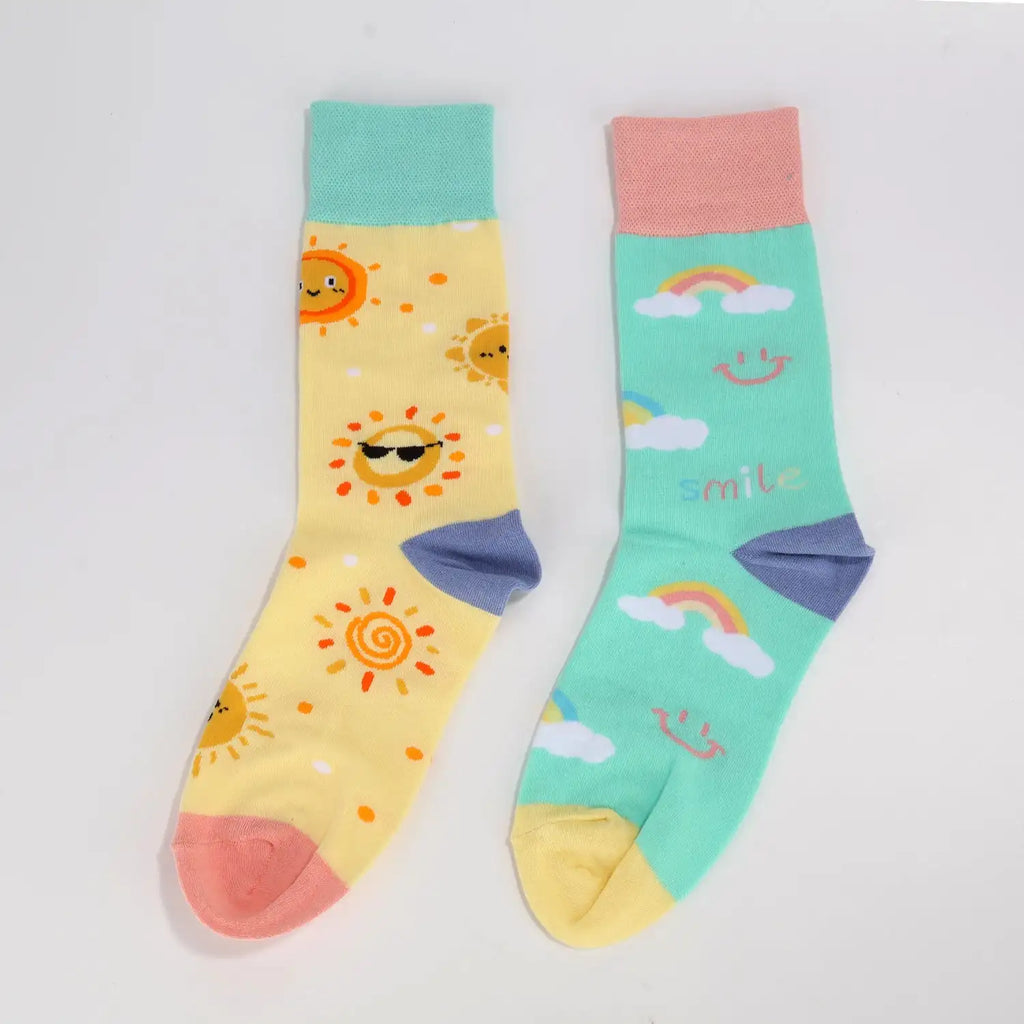 Cotton Blend Smiley Rainbow Print Mid Calf Socks