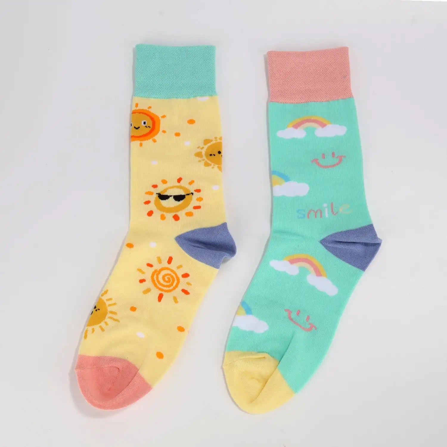Cotton Blend Smiley Rainbow Print Mid Calf Socks
