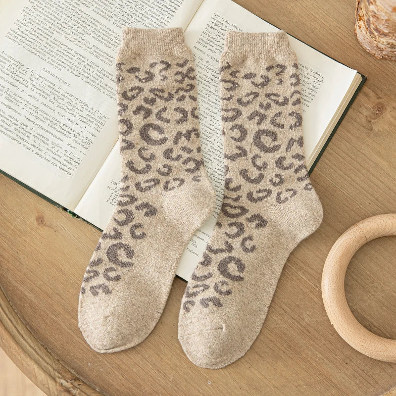 Leopard Print Wool Mid Calf Socks - 21
