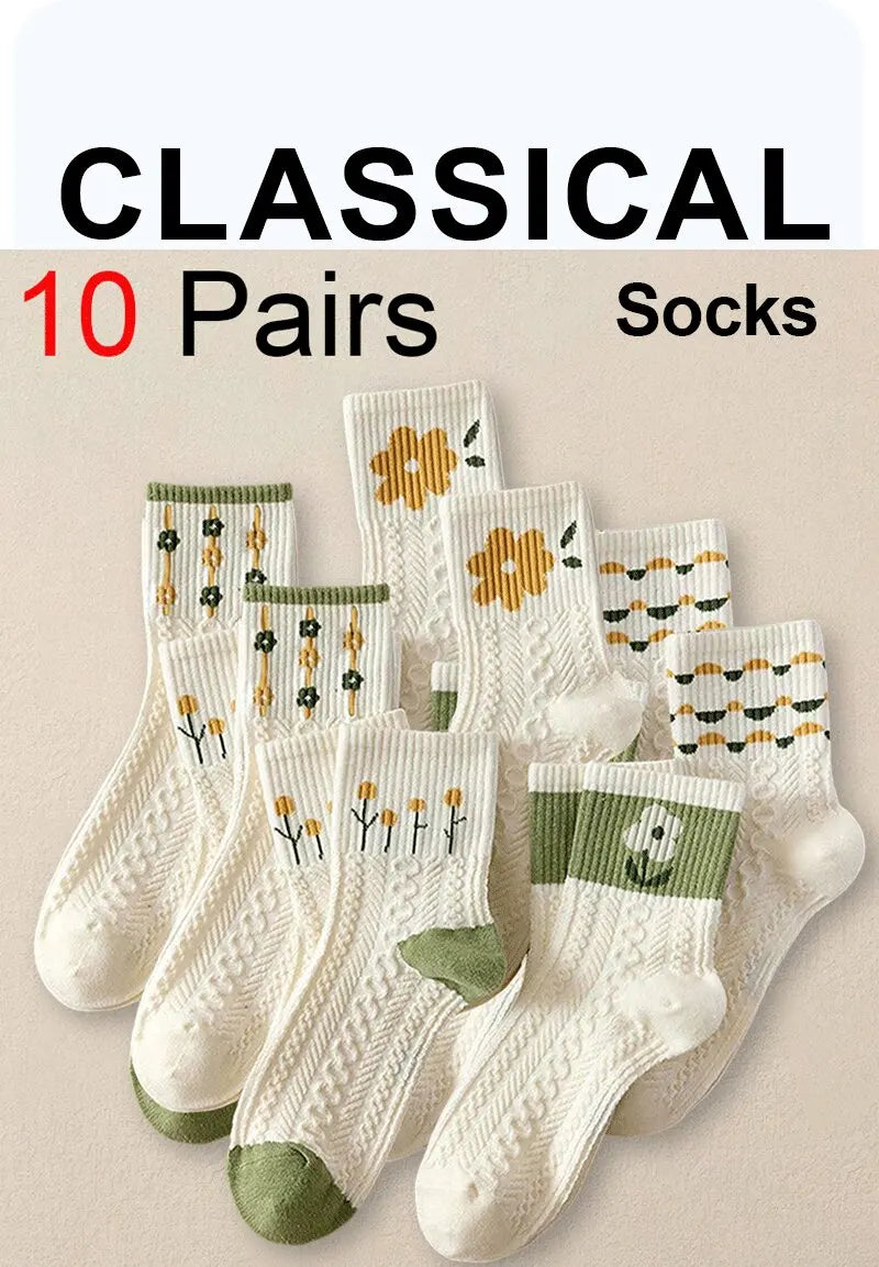 10 Pairs Floral Print Polyester Casual Mid Tube Socks