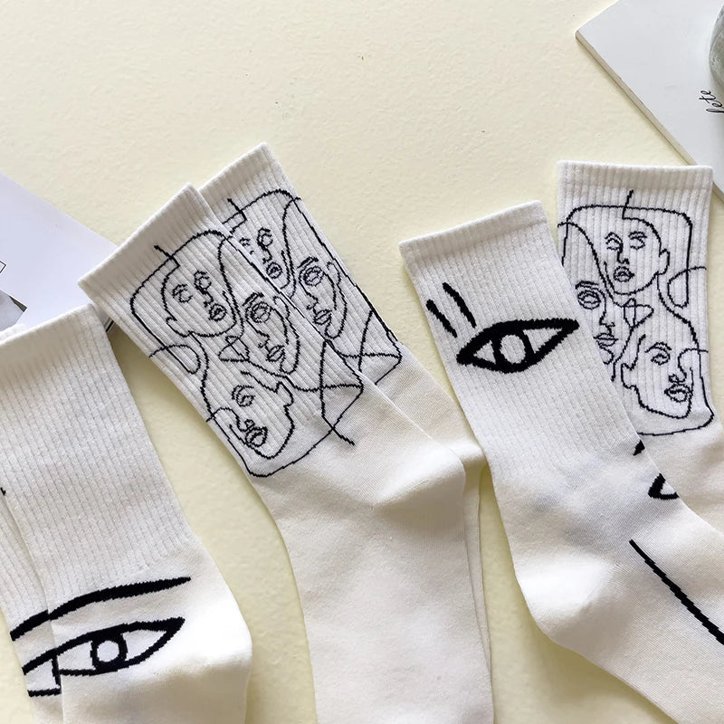 Cotton Blend Abstract Line Art Casual Crew Socks