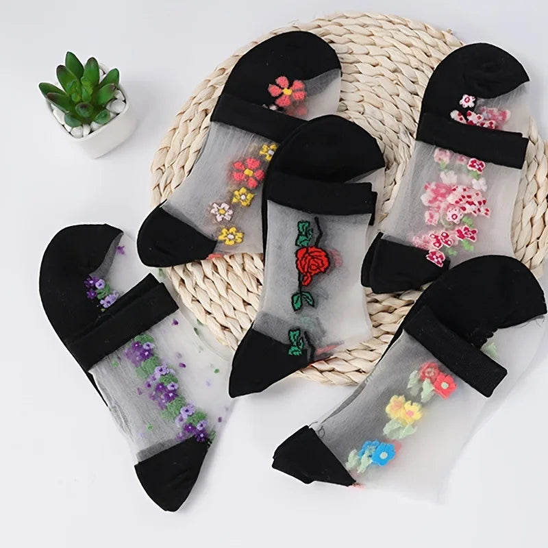 Floral Print Mid Tube Polyester Blend Socks