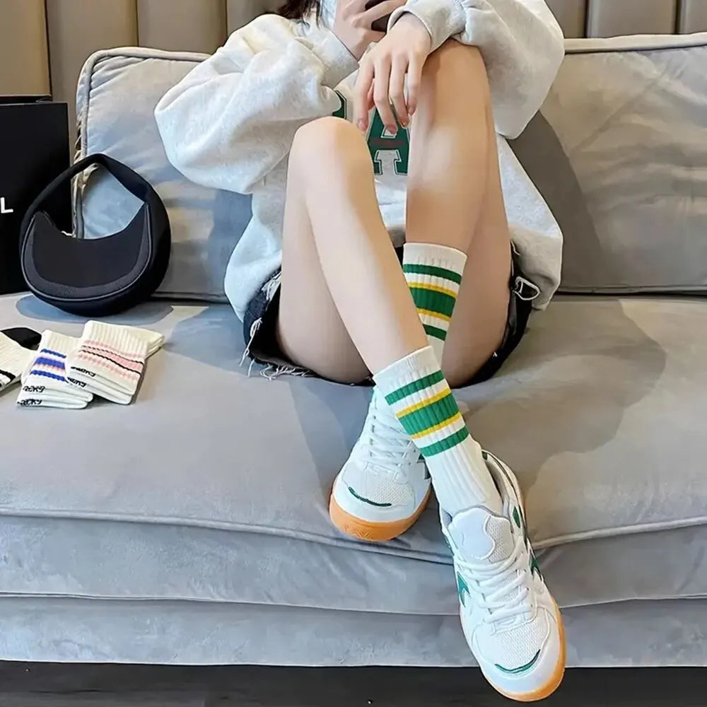 Striped Polyester Cotton Blend Casual Crew Socks - 5