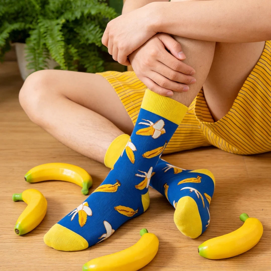 Cotton Blend Banana Print Crew Socks