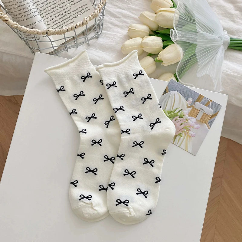Polyester Elastane Bow Tie Casual Middle Tube Socks