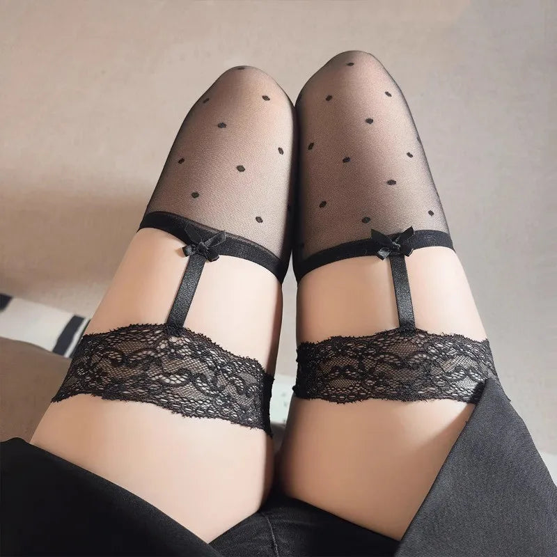 Nylon Lace Heart Pattern Thigh High Stockings With Bow Detail