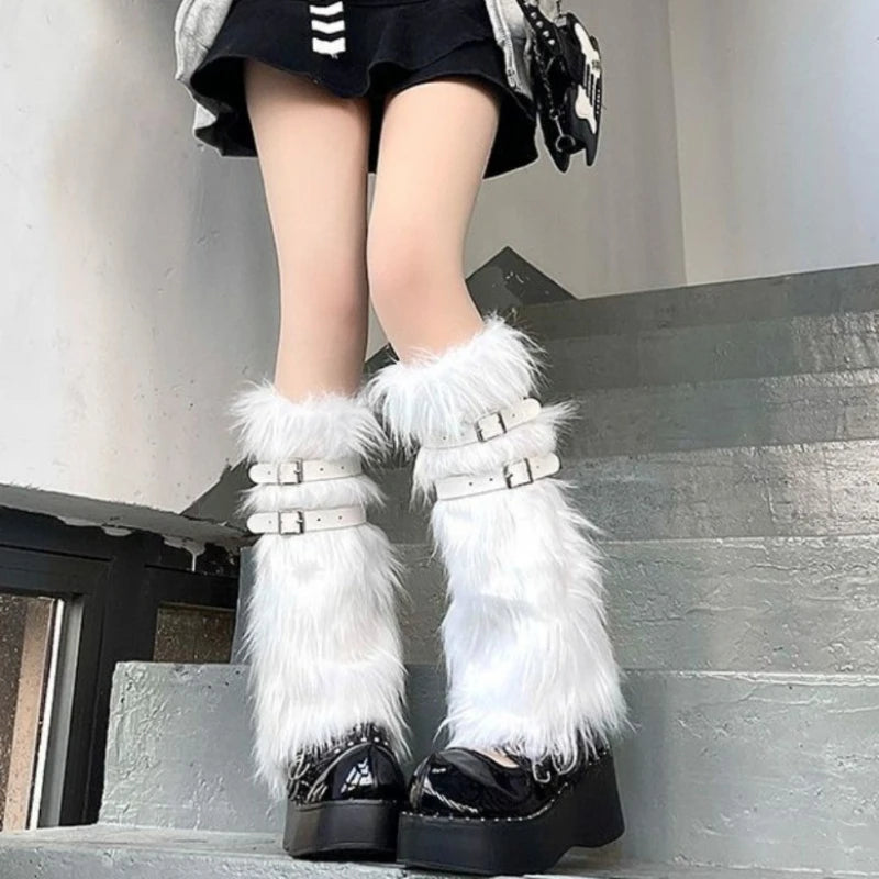 Faux Fur Leg Warmers With Buckle Straps - 4