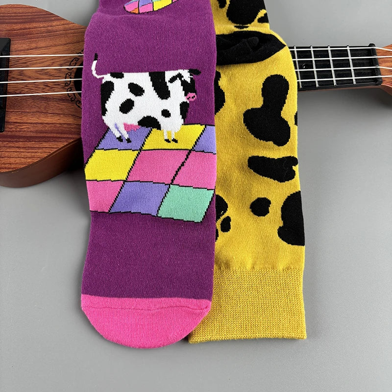Cotton Blend Cow Print Casual Socks - 4