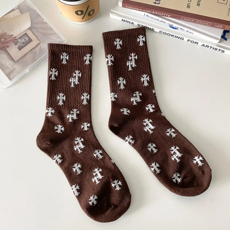 Cotton Cross Pattern Unisex Mid Tube Casual Socks