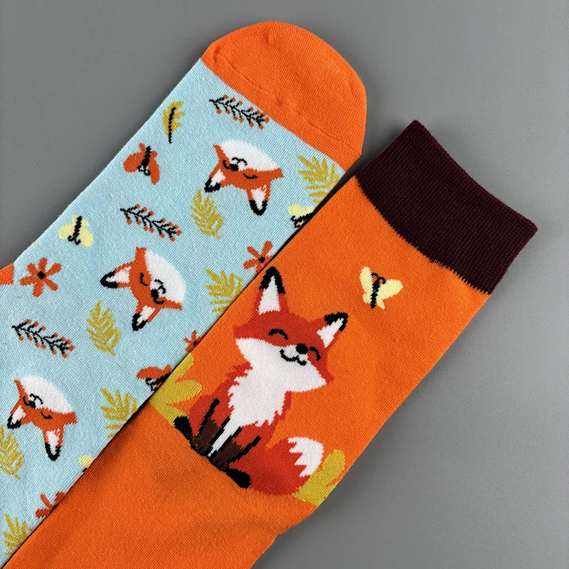 Cotton Blend Fox Print Casual Mid Calf Socks