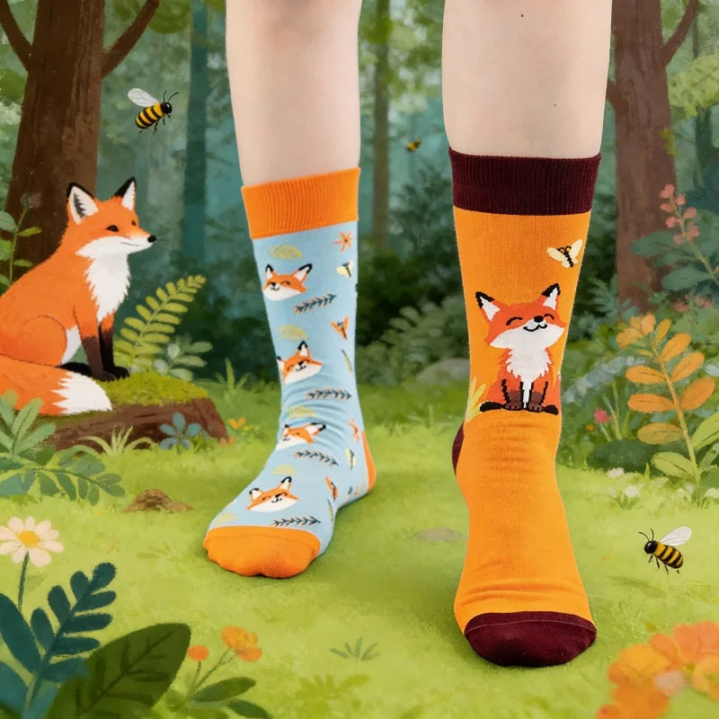 Fox Print Cotton Blend Asymmetric Casual Middle Tube Socks - 2