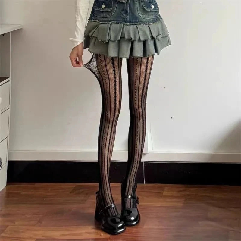 Nylon Striped Fishnet Pantyhose Women Hollow Stockings - 4