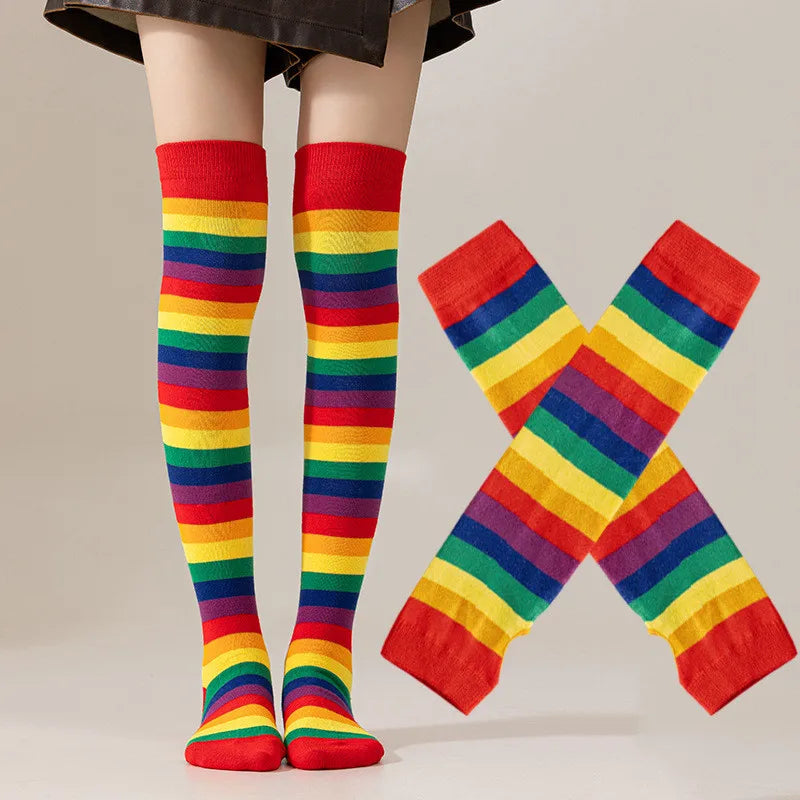 Striped Polyester Thigh High Socks and Arm Warmer Set