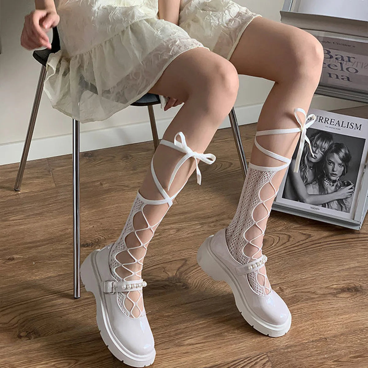 Floral Lace Mesh Stockings With Ribbon Ties